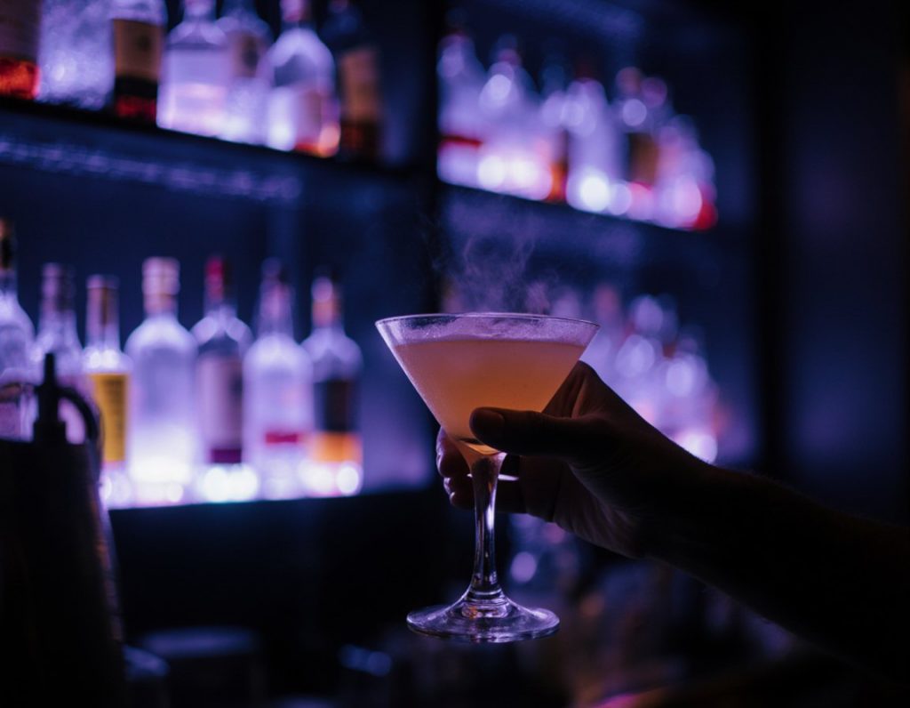 Cocktail bar at night, neon light and bottles