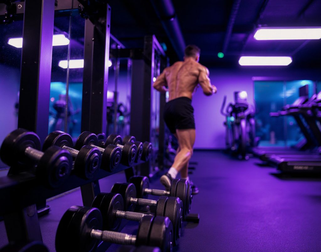 Gym floor with weights and cardio machines, energetic lighting