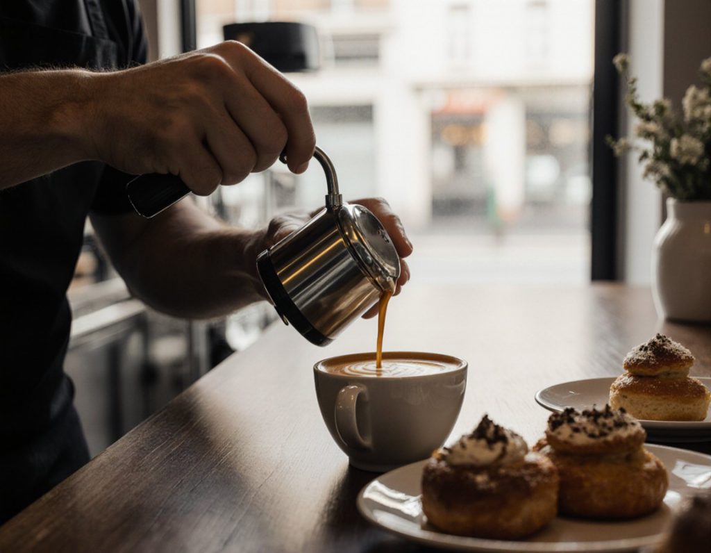 Café counter in the morning, coffee being made