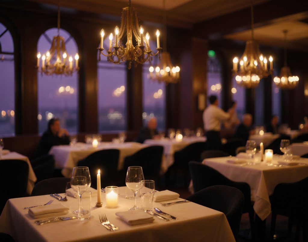 Restaurant dining room in the evening, warm light, tables set