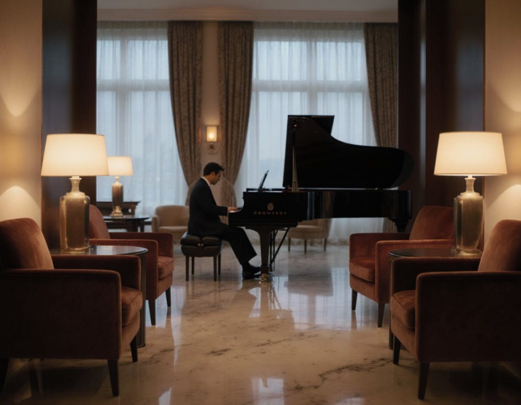 Hotel lobby lounge with soft seating