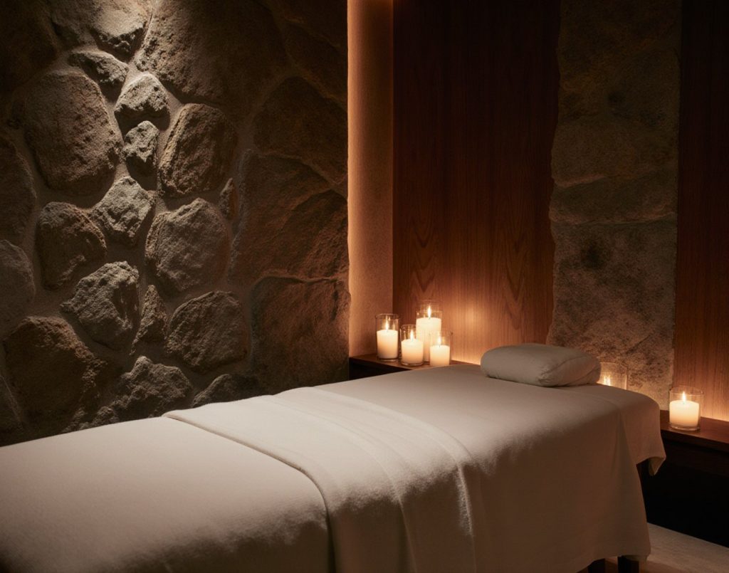 Spa treatment room with candles, soft towels and warm light